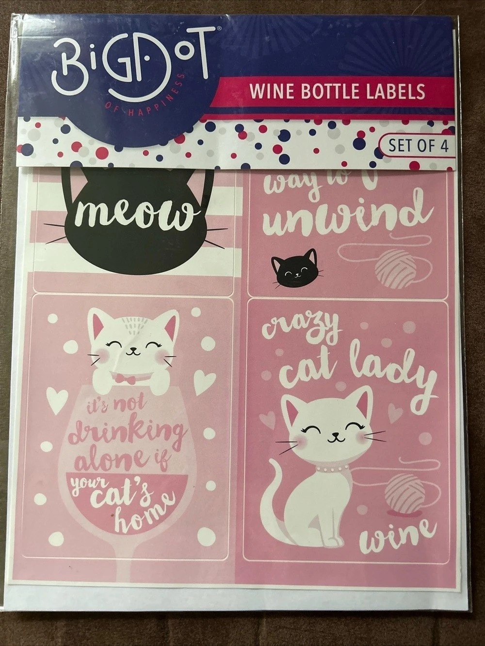 Big Dot of Happiness Purr-fect Kitty Cat Wine Bottle Labels Set of 4 Pink & Cat